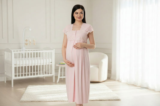 Pink maternity nightdress by Mini Plum – lace detail and square neck, maternity & nursing