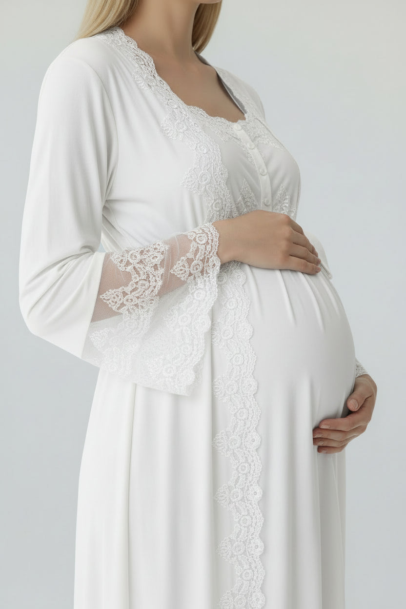 White maternity nightdress by Mini Plum – close-up of lace detail, soft cotton-modal fabric