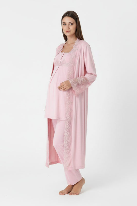 Pink pyjama & robe set by Mini Plum – lace detail and square neck, maternity & nursing