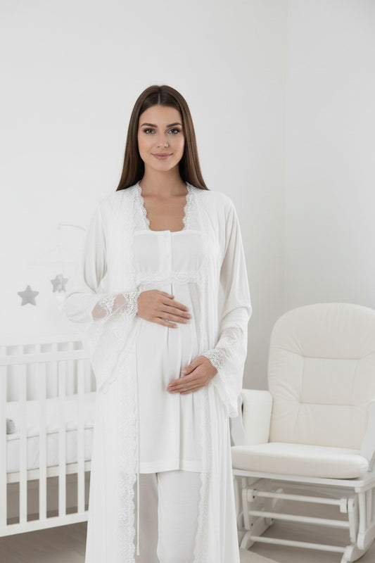White pyjama & robe set by Mini Plum – lace detail and square neck, maternity & nursing