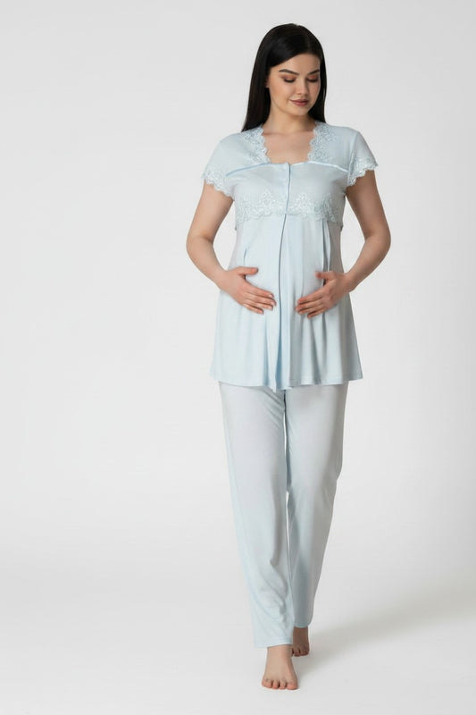 Blue 4-piece maternity set by Mini Plum – lace detail and square neck, maternity & nursing