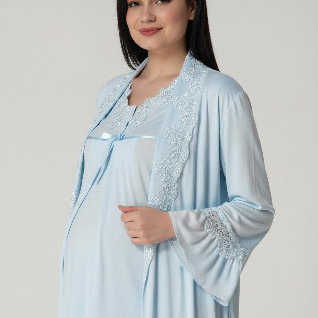 Blue pyjama & robe set by Mini Plum – V-neck pyjama & robe set for pregnancy & postpartum, machine washable