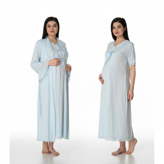 Blue nightie & robe set by Mini Plum – lace detail and V-neck, maternity & nursing