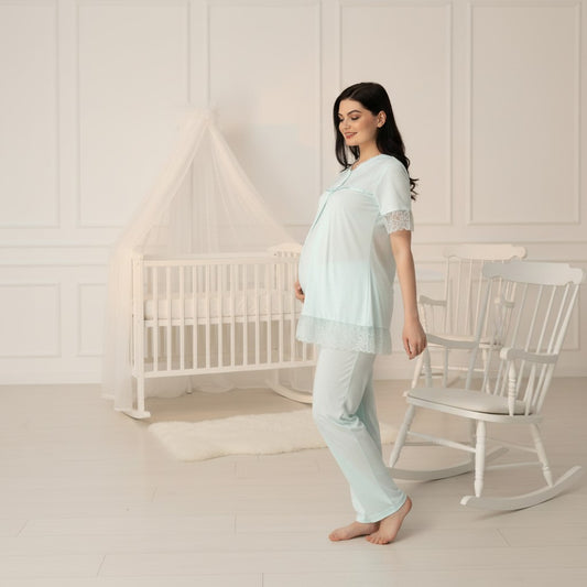 Blue maternity pyjamas by Mini Plum – lace detail and V-neck, maternity & nursing