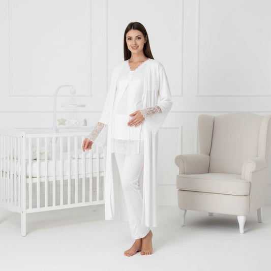 White 4-piece maternity set by Mini Plum – lace detail and V-neck, maternity & nursing