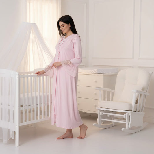 Pink nightie & robe set by Mini Plum – lace detail and V-neck, maternity & nursing