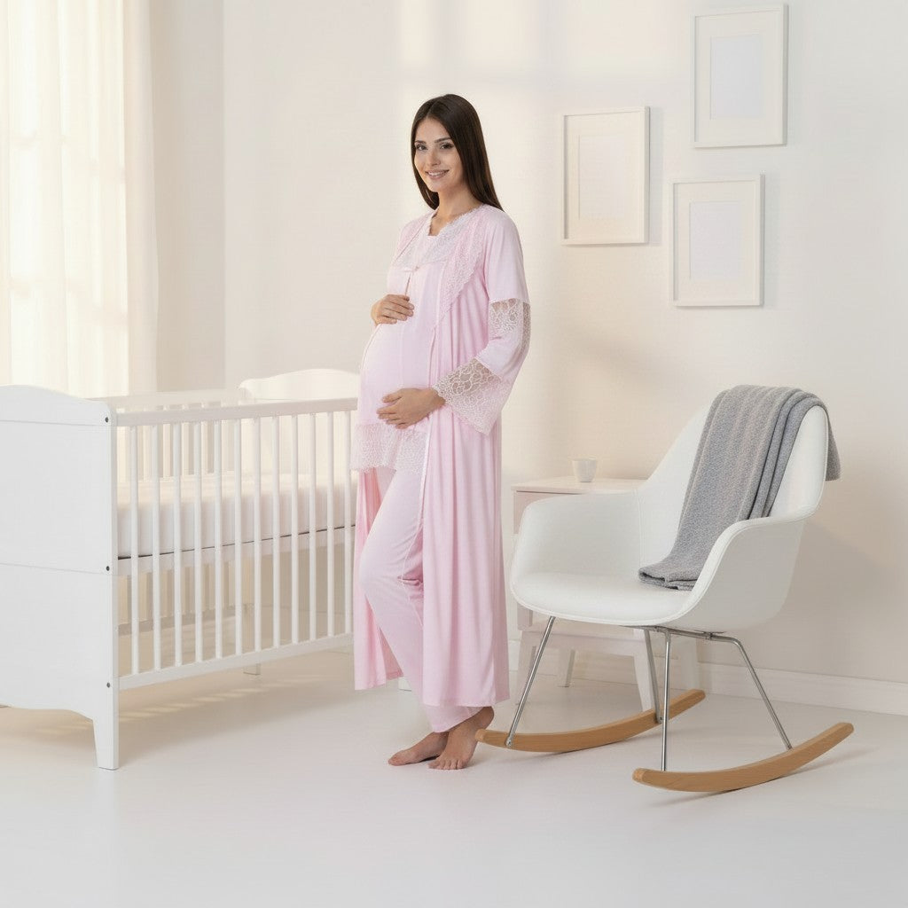 Pink 4-piece maternity set by Mini Plum – close-up of lace detail, soft cotton-modal fabric