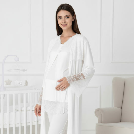 White 4-piece maternity set by Mini Plum – lace detail and V-neck, maternity & nursing