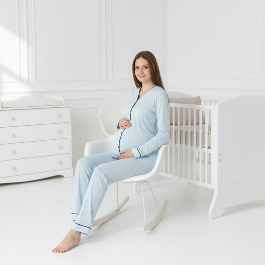 Blue maternity pyjamas by Mini Plum – button-front nursing opening and V-neck, maternity & nursing