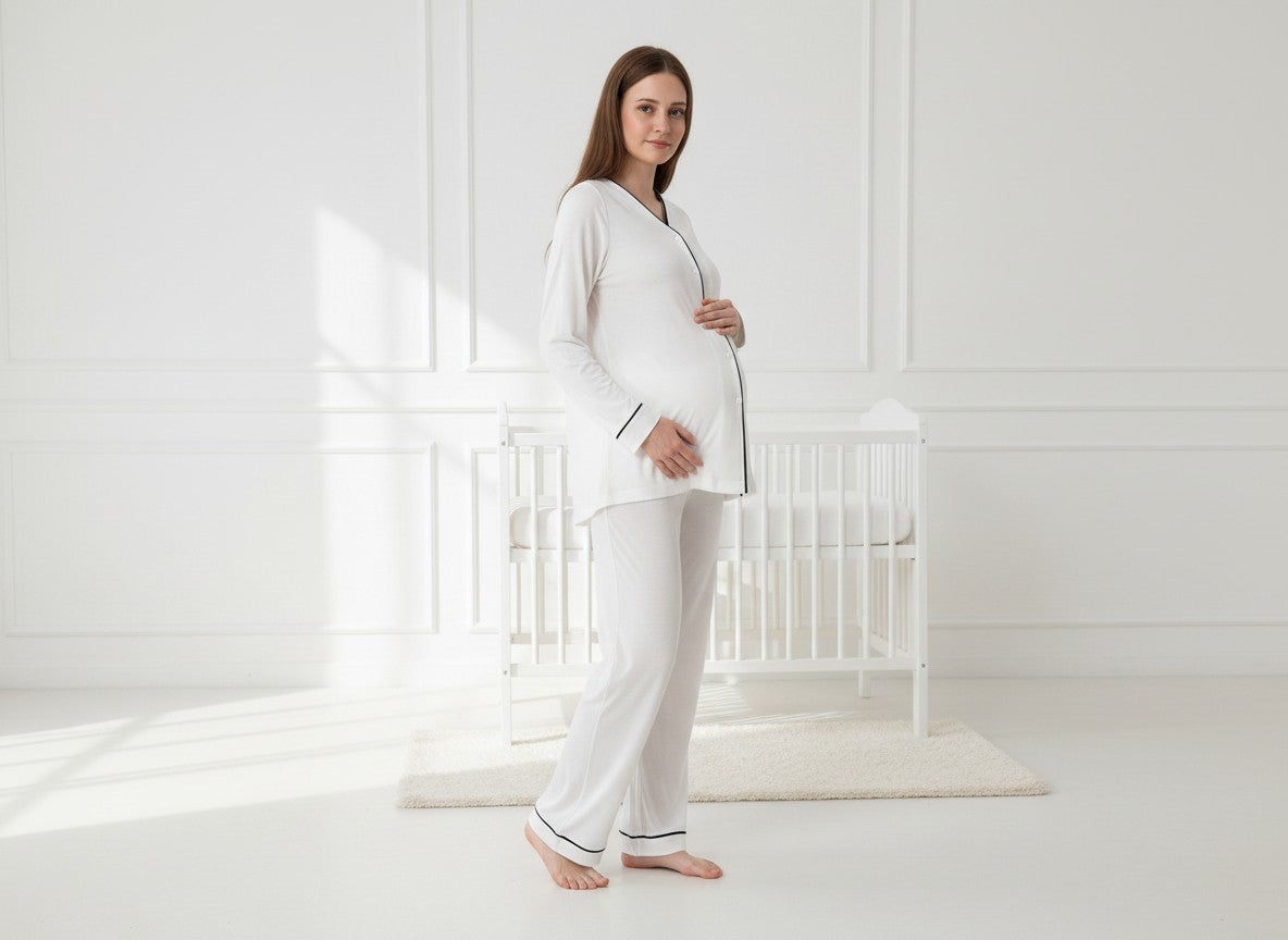White maternity pyjamas by Mini Plum – button-front nursing opening and V-neck, maternity & nursing