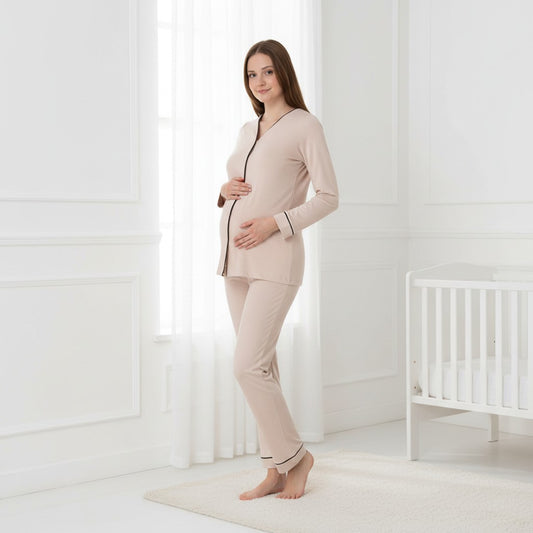 Beige pyjama & robe set by Mini Plum – contrast piping and V-neck, maternity & nursing