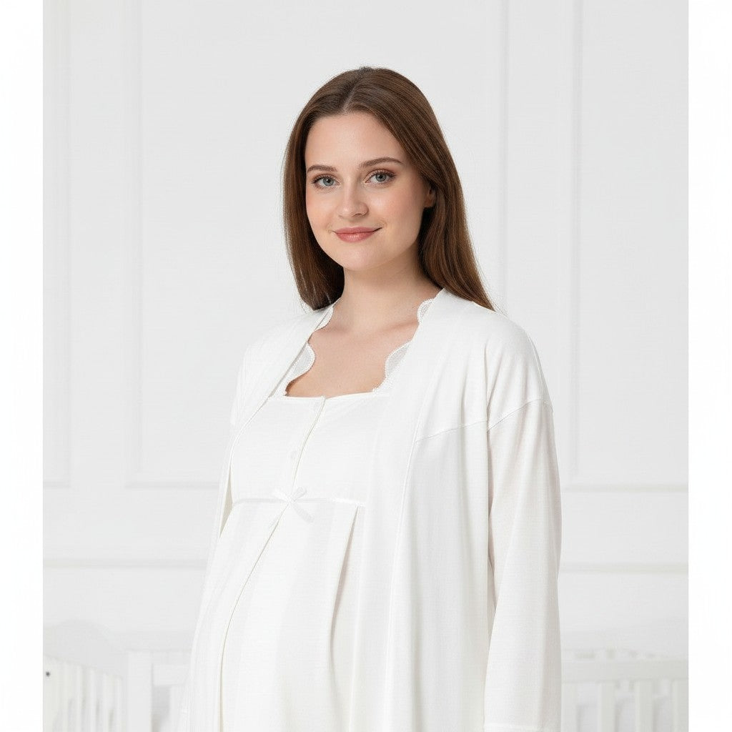 White nightie & robe set by Mini Plum – bump-friendly fit, side view