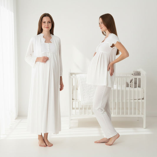 White 4-piece maternity set by Mini Plum – lace detail and square neck, maternity & nursing