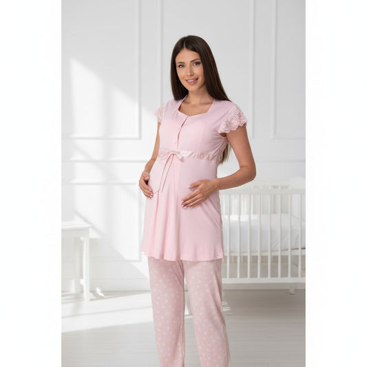 Pink maternity pyjamas by Mini Plum – lace detail and square neck, maternity & nursing