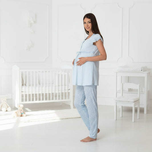 Blue pyjama & robe set by Mini Plum – polka dot and square neck, maternity & nursing