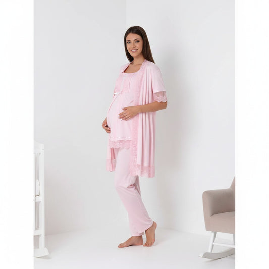 Pink pyjama & robe set by Mini Plum – lace detail and square neck, maternity & nursing