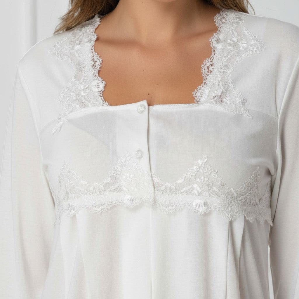 White pyjama & robe set by Mini Plum – lace detail and square neck, maternity & nursing