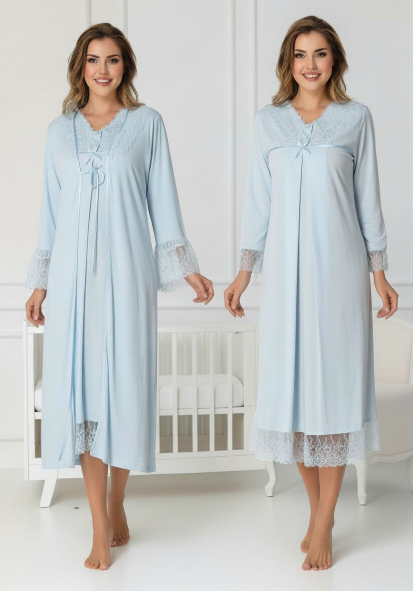 Gray maternity nightie and robe set by Mini Plum – nursing maternity nightwear, breastfeeding button-down, hospital bag & baby shower gift