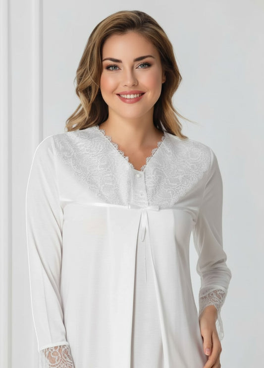 White maternity nightie and robe set by Mini Plum, long sleeve lace v-neck – nursing & breastfeeding nightwear, postpartum, hospital bag ready