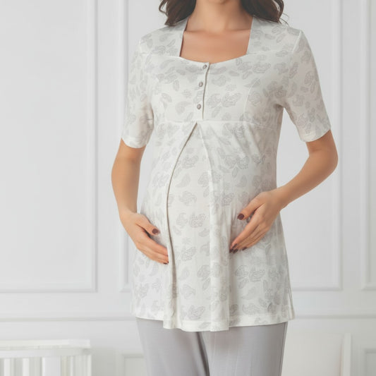 Grey pyjama & robe set by Mini Plum – paisley print and square neck, maternity & nursing