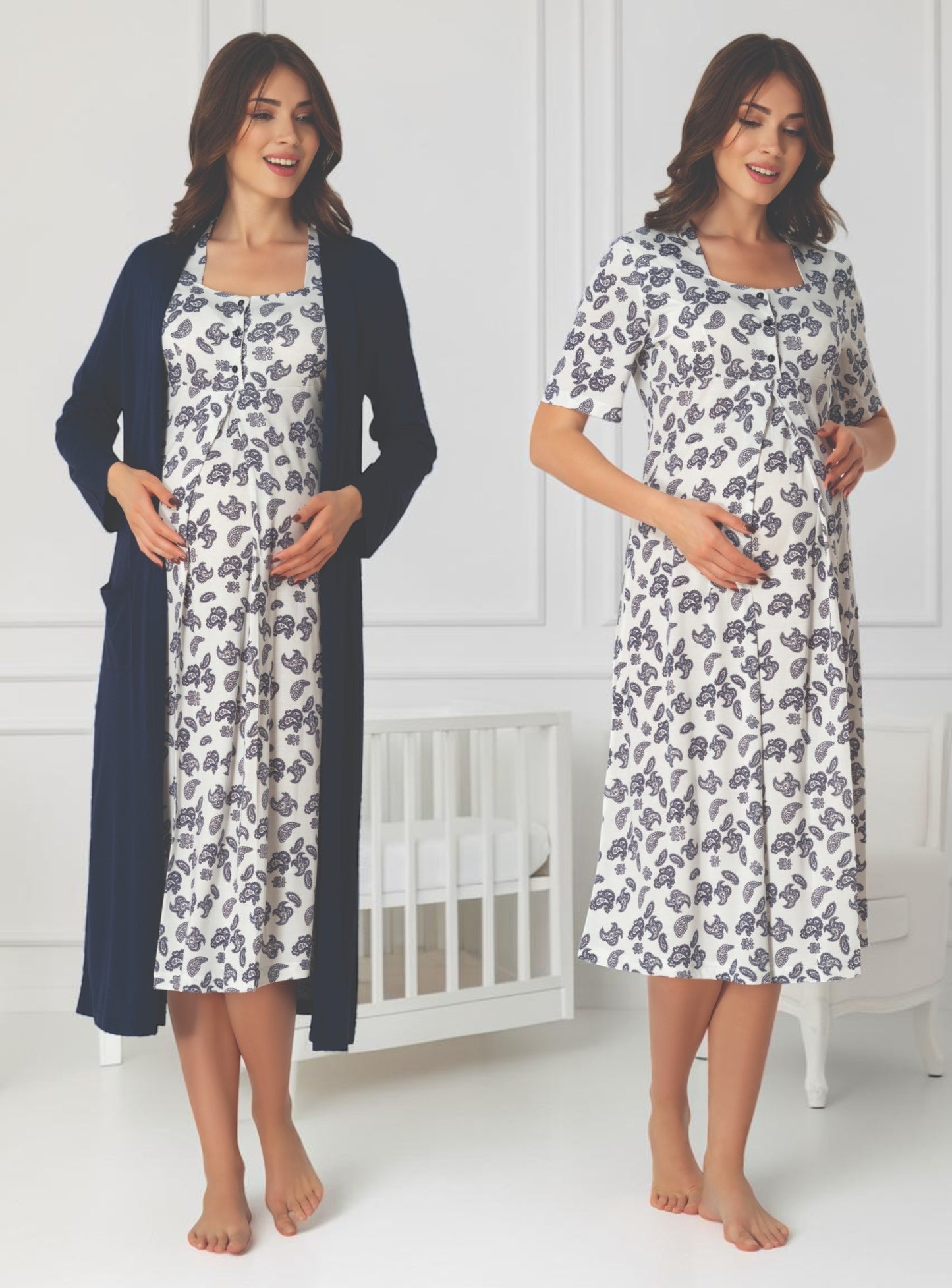 Navy nightie & robe set by Mini Plum – nursing nightwear with square neck, breastfeeding-friendly, hospital bag ready