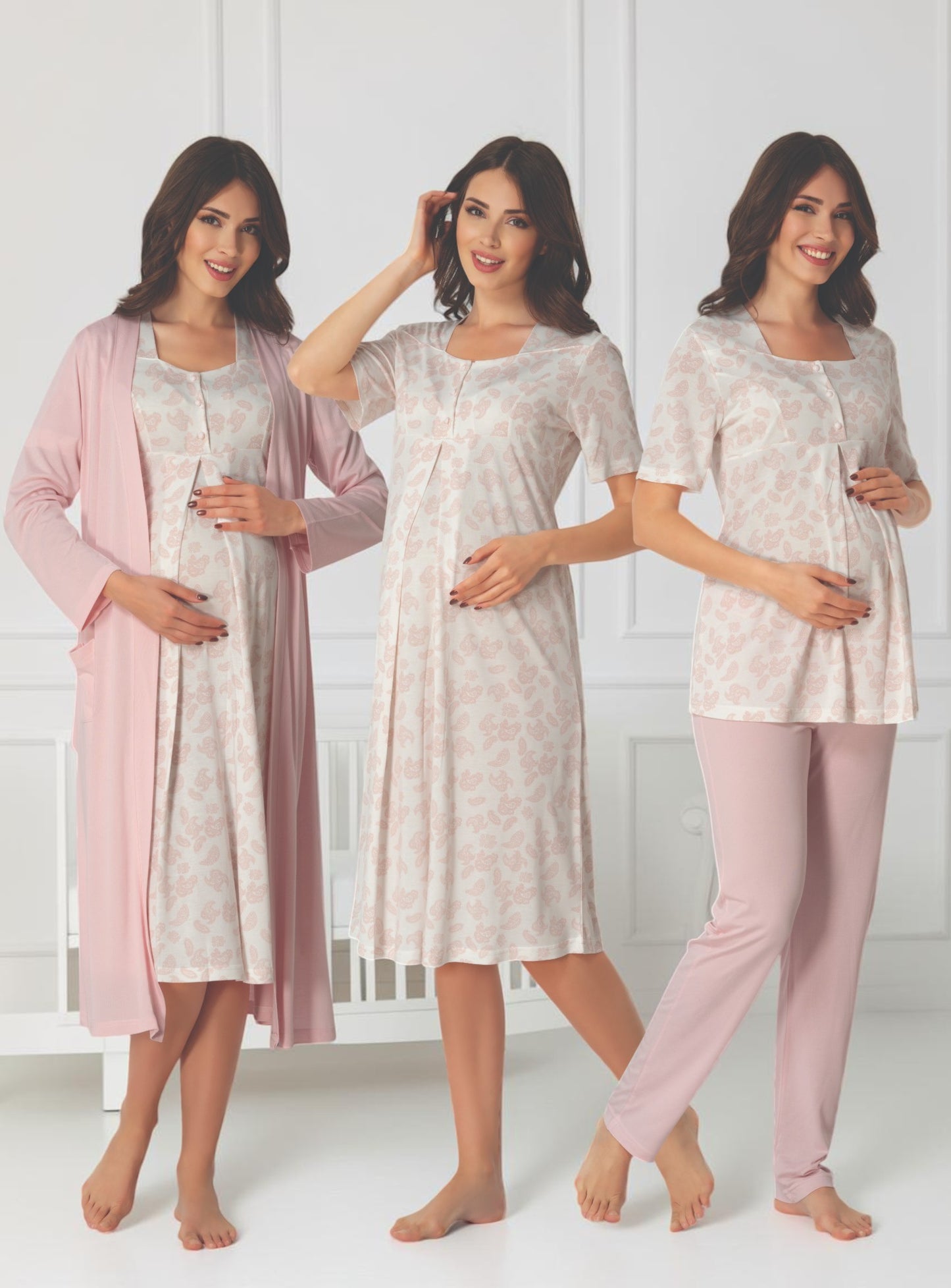 Pink 4-piece maternity set by Mini Plum – nursing nightwear with square neck, breastfeeding-friendly, hospital bag ready