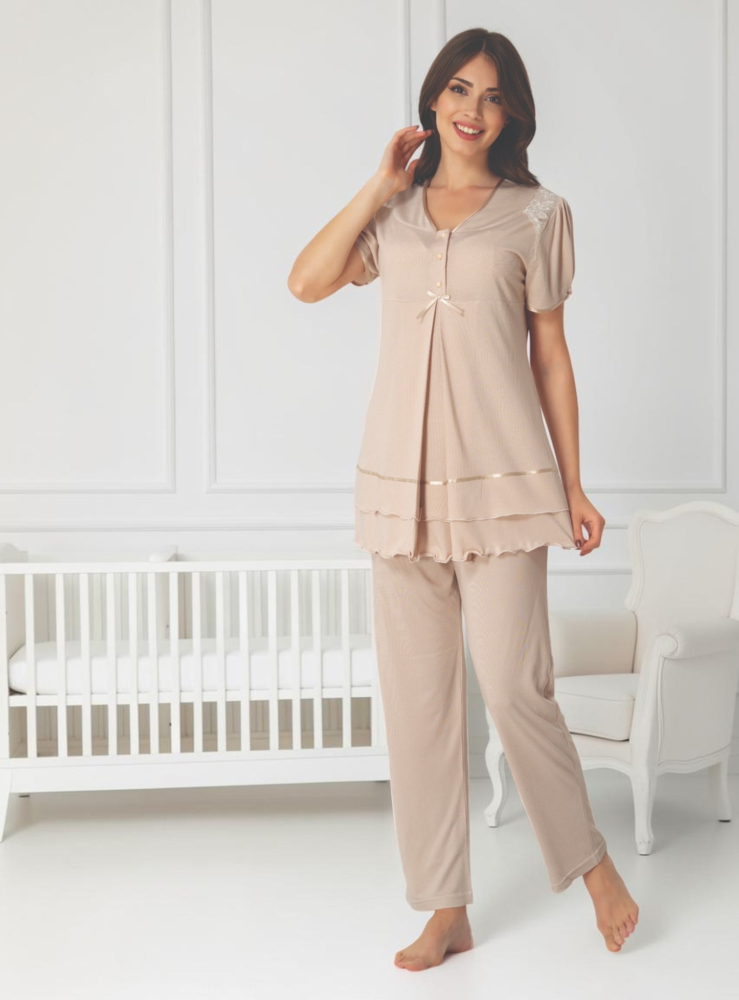 Beige maternity pyjamas by Mini Plum – nursing maternity nightwear, breastfeeding button-down, hospital bag & baby shower gift