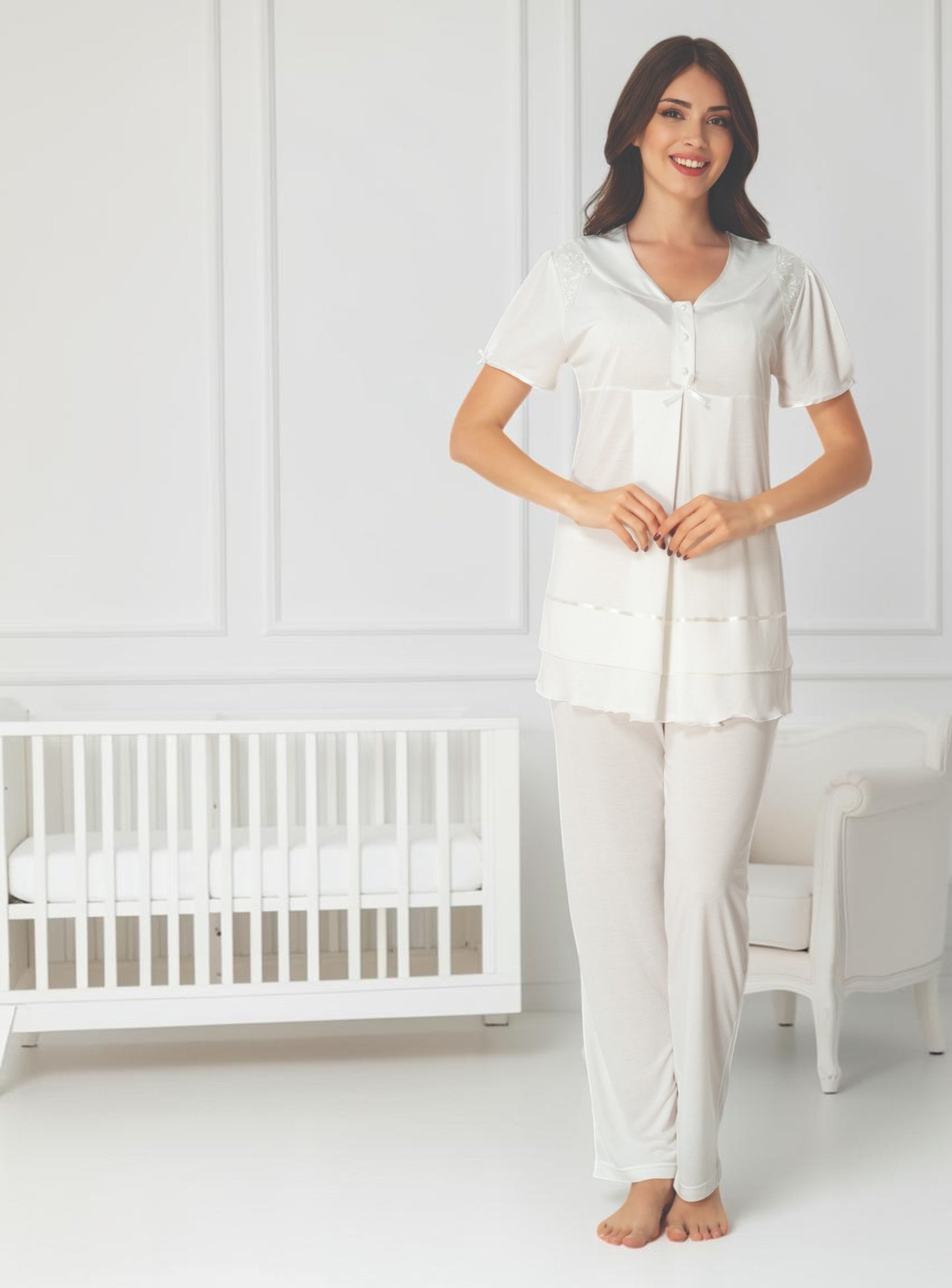 White maternity pyjamas by Mini Plum – nursing maternity nightwear, breastfeeding button-down, hospital bag & baby shower gift