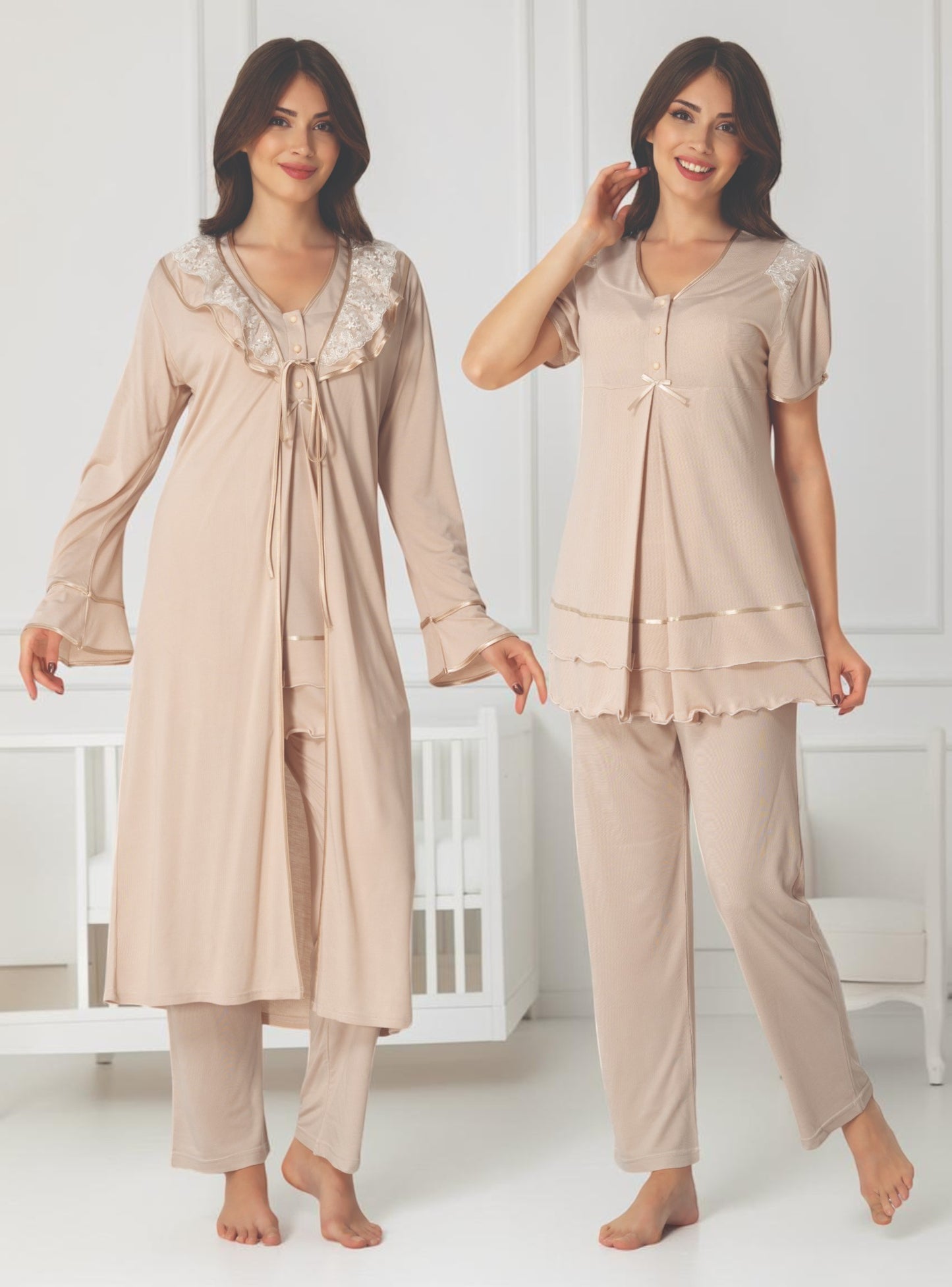 Beige maternity pyjama & robe set by Mini Plum – nursing maternity nightwear, breastfeeding button-down, hospital bag & baby shower gift