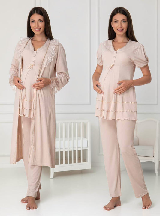 Beige maternity pyjama & robe set by Mini Plum, long sleeve lace button – nursing & breastfeeding nightwear, postpartum, hospital bag ready