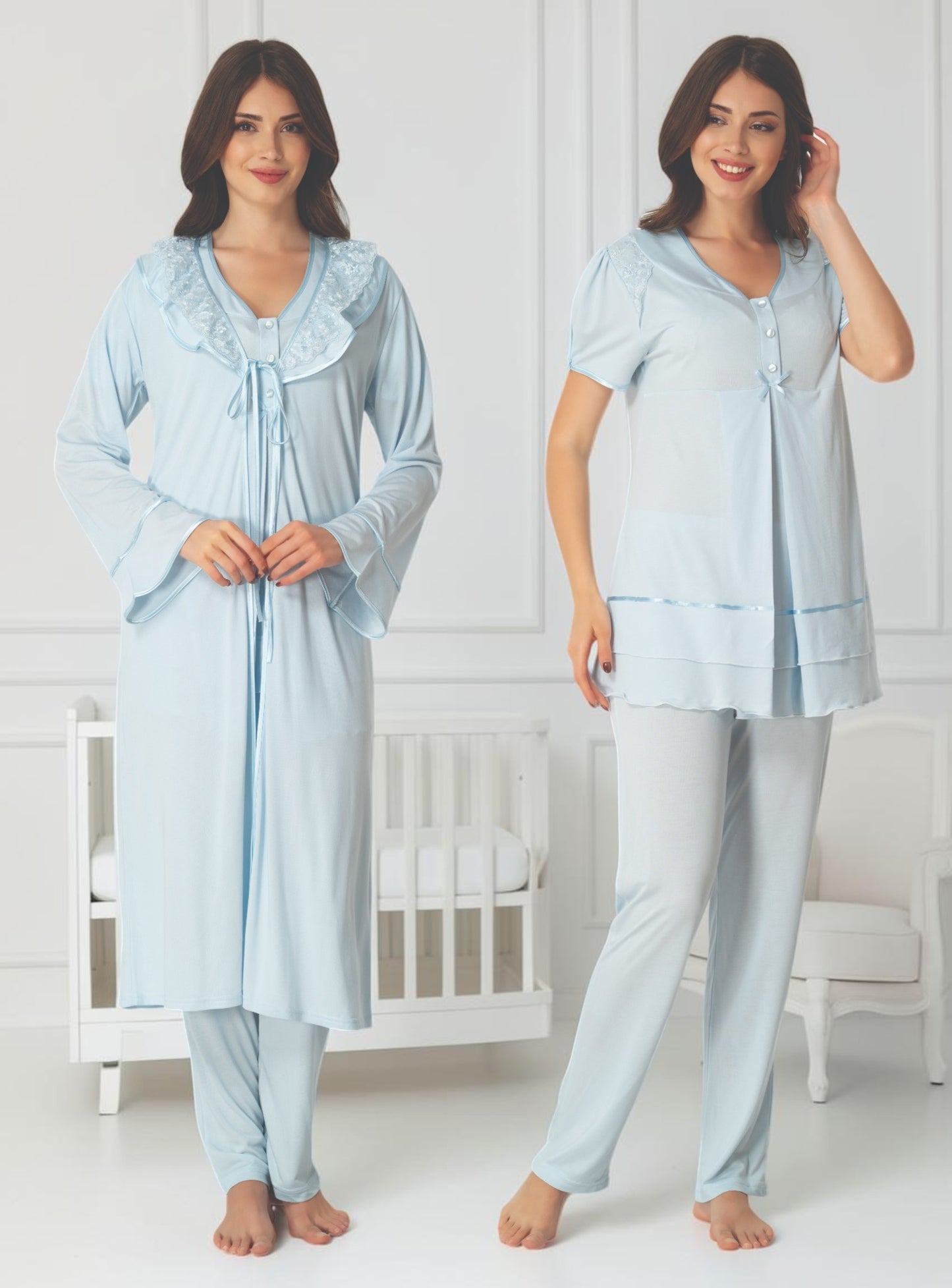 Blue maternity pyjama & robe set by Mini Plum – nursing maternity nightwear, breastfeeding button-down, hospital bag & baby shower gift