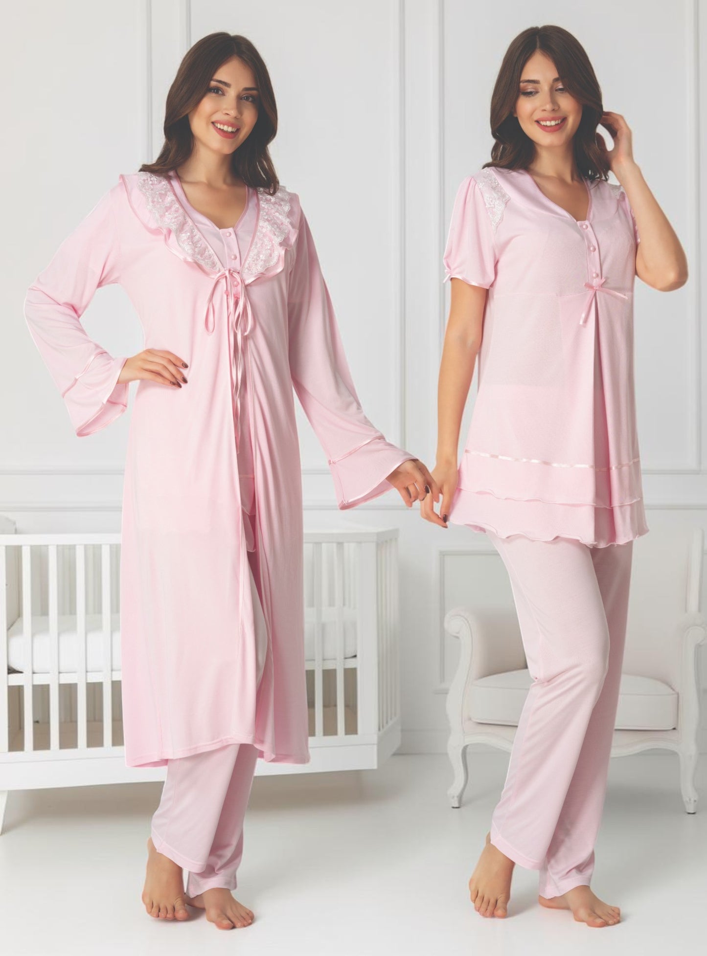 Pink maternity pyjama & robe set by Mini Plum – nursing maternity nightwear, breastfeeding button-down, hospital bag & baby shower gift