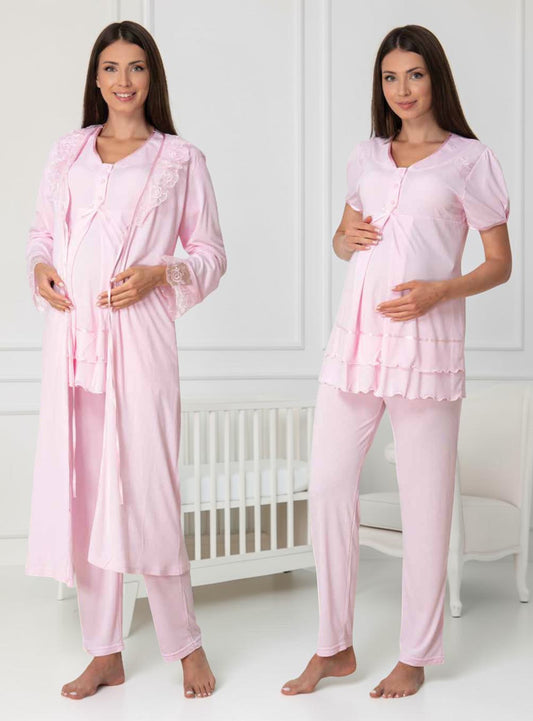 Pink maternity pyjama & robe set by Mini Plum, long sleeve lace button – nursing & breastfeeding nightwear, postpartum, hospital bag ready