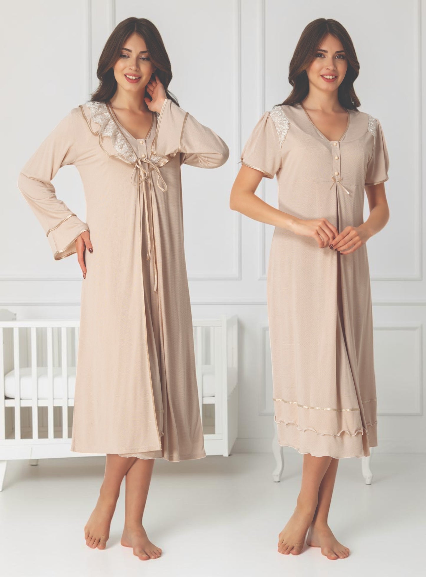 Beige maternity nightie and robe set by Mini Plum – nursing maternity nightwear, breastfeeding button-down, hospital bag & baby shower gift