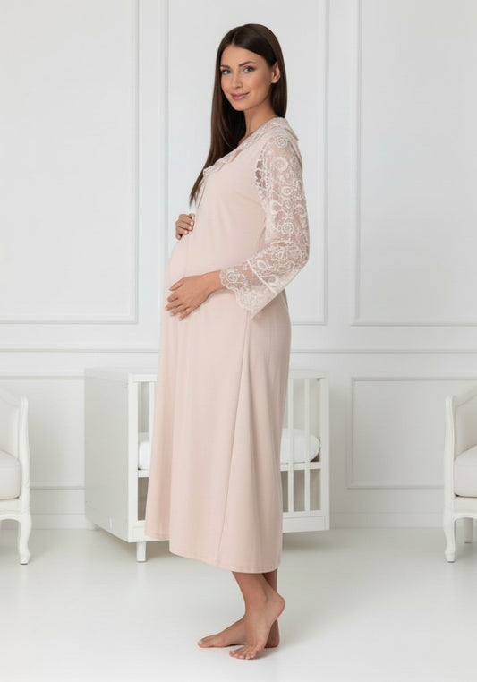 Beige maternity nightie and robe set by Mini Plum, long sleeve lace nightie – nursing & breastfeeding nightwear, postpartum, hospital bag ready