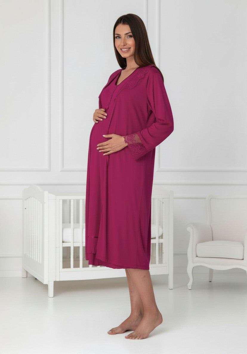 Cherry Red maternity nightie and robe set by Mini Plum, long sleeve lace nightie – nursing & breastfeeding nightwear, postpartum, hospital bag ready