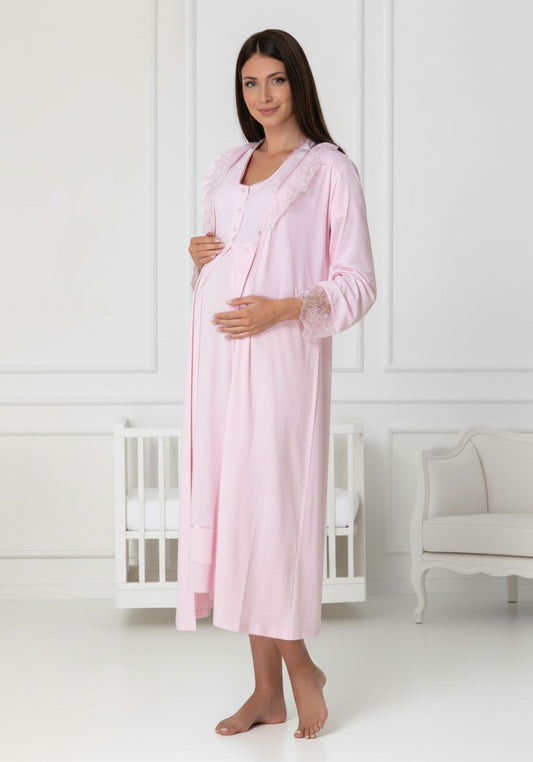 Pink maternity nightie and robe set by Mini Plum, long sleeve lace nightie – nursing & breastfeeding nightwear, postpartum, hospital bag ready