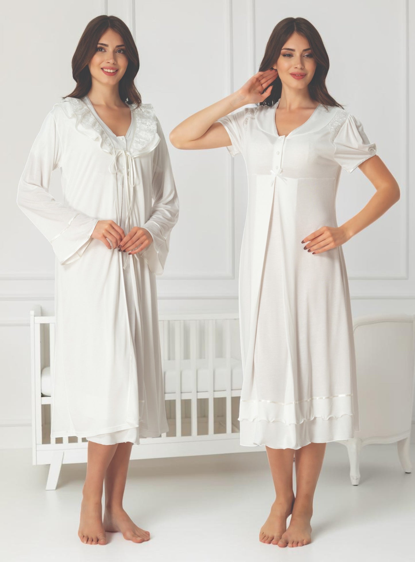 White maternity nightie and robe set by Mini Plum – nursing maternity nightwear, breastfeeding button-down, hospital bag & baby shower gift