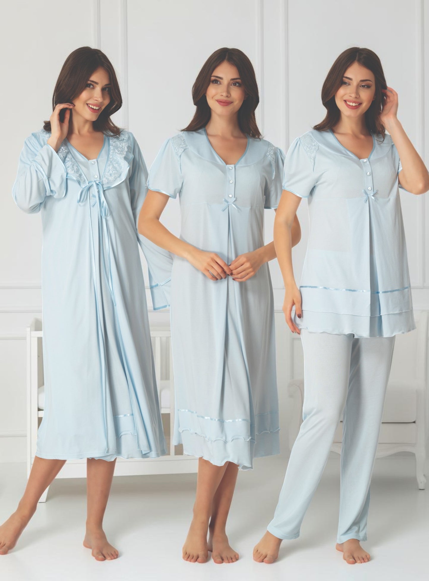Blue maternity pyjama & robe set by Mini Plum – nursing maternity nightwear, breastfeeding button-down, hospital bag & baby shower gift