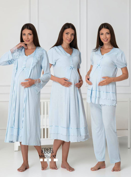 Blue maternity pyjama & robe set by Mini Plum, long sleeve lace set – nursing & breastfeeding nightwear, postpartum, hospital bag ready