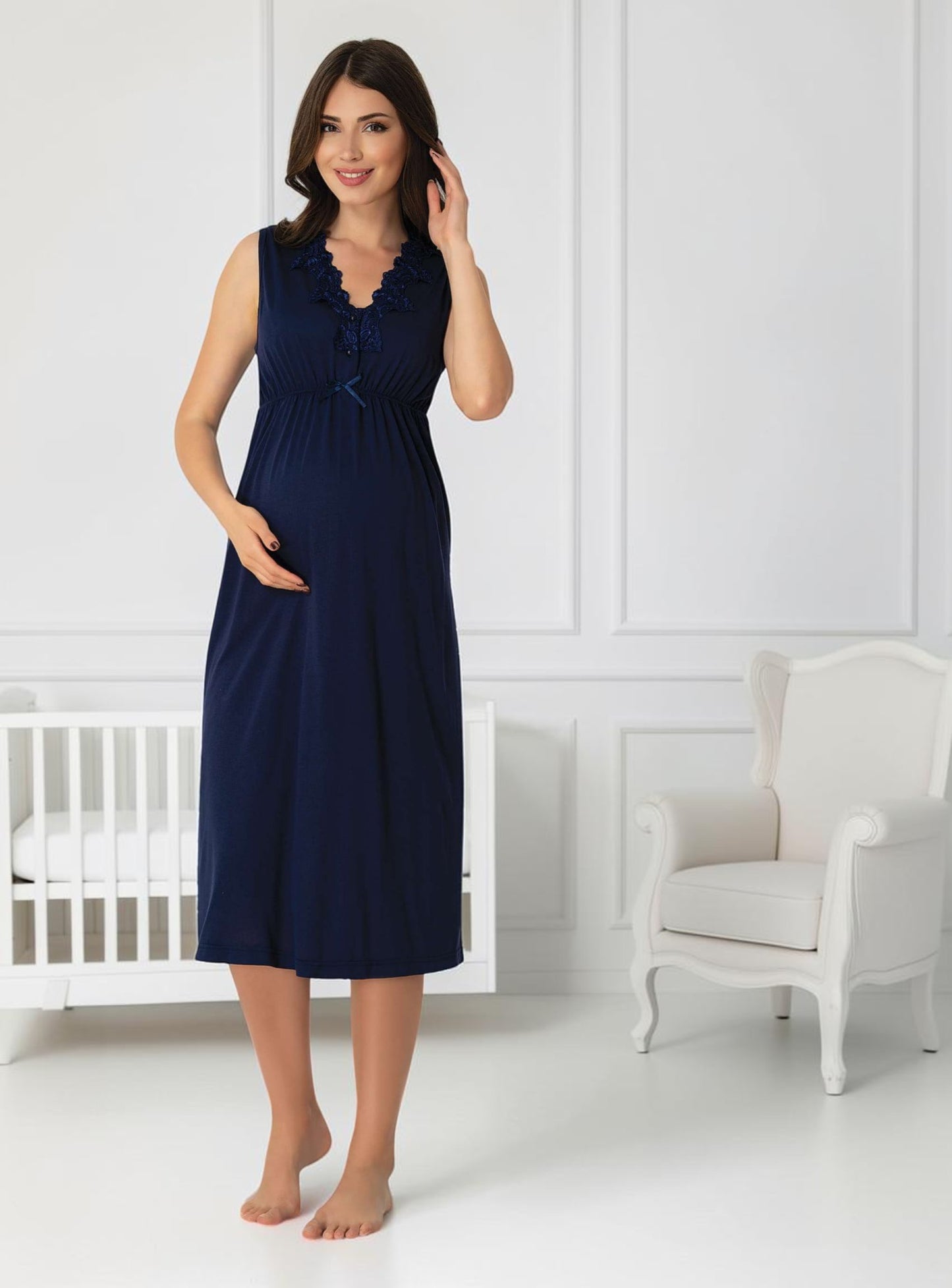 Navy maternity nightie by Mini Plum, sleeveless lace nightie – nursing & breastfeeding nightwear, postpartum, hospital bag ready