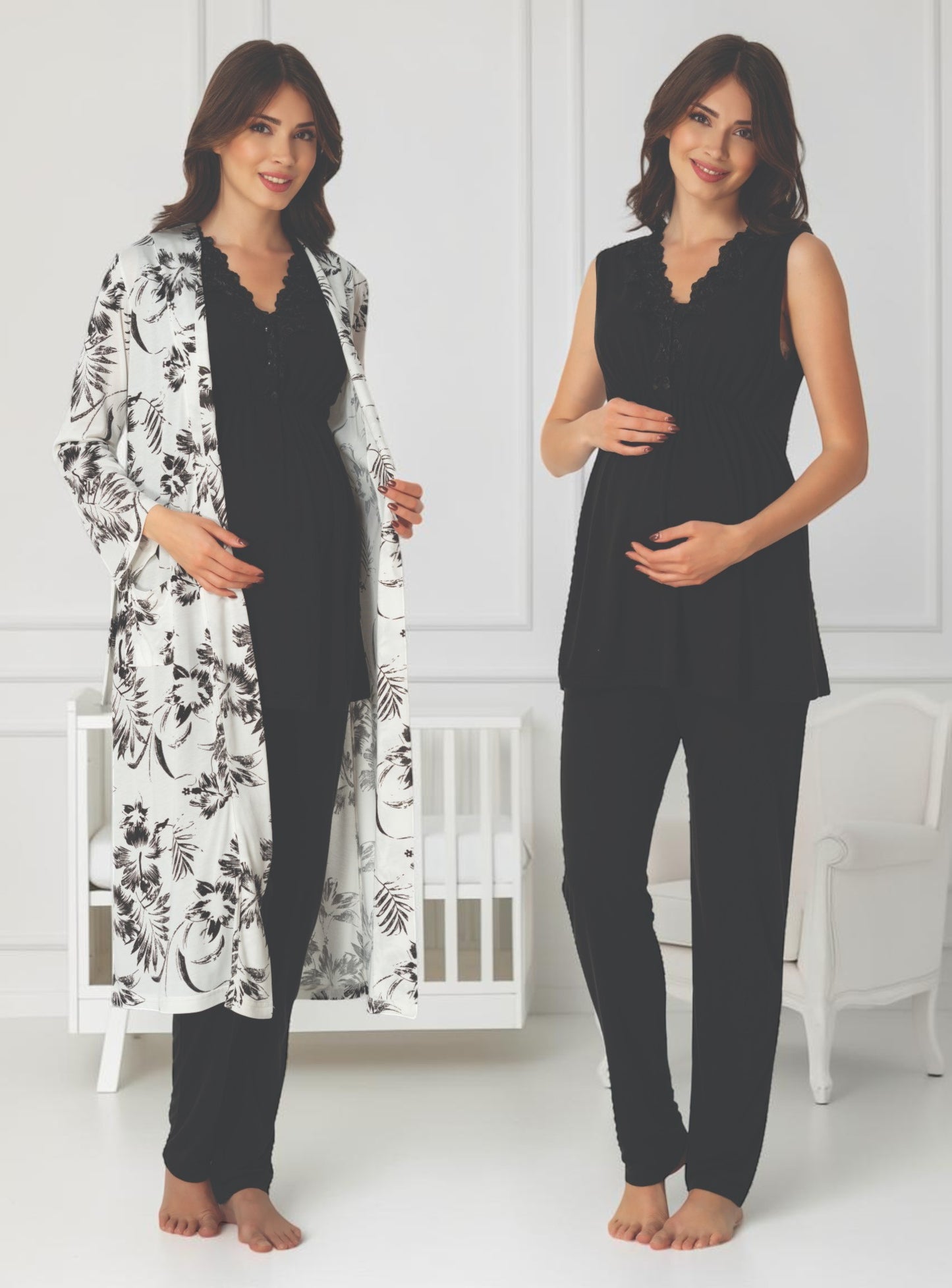 Black maternity pyjama & robe set by Mini Plum – nursing maternity nightwear, breastfeeding button-down, hospital bag & baby shower gift