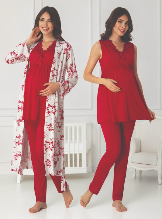 Cherry Red maternity pyjama & robe set by Mini Plum, sleeveless top floral robe – nursing & breastfeeding nightwear, postpartum, hospital bag ready