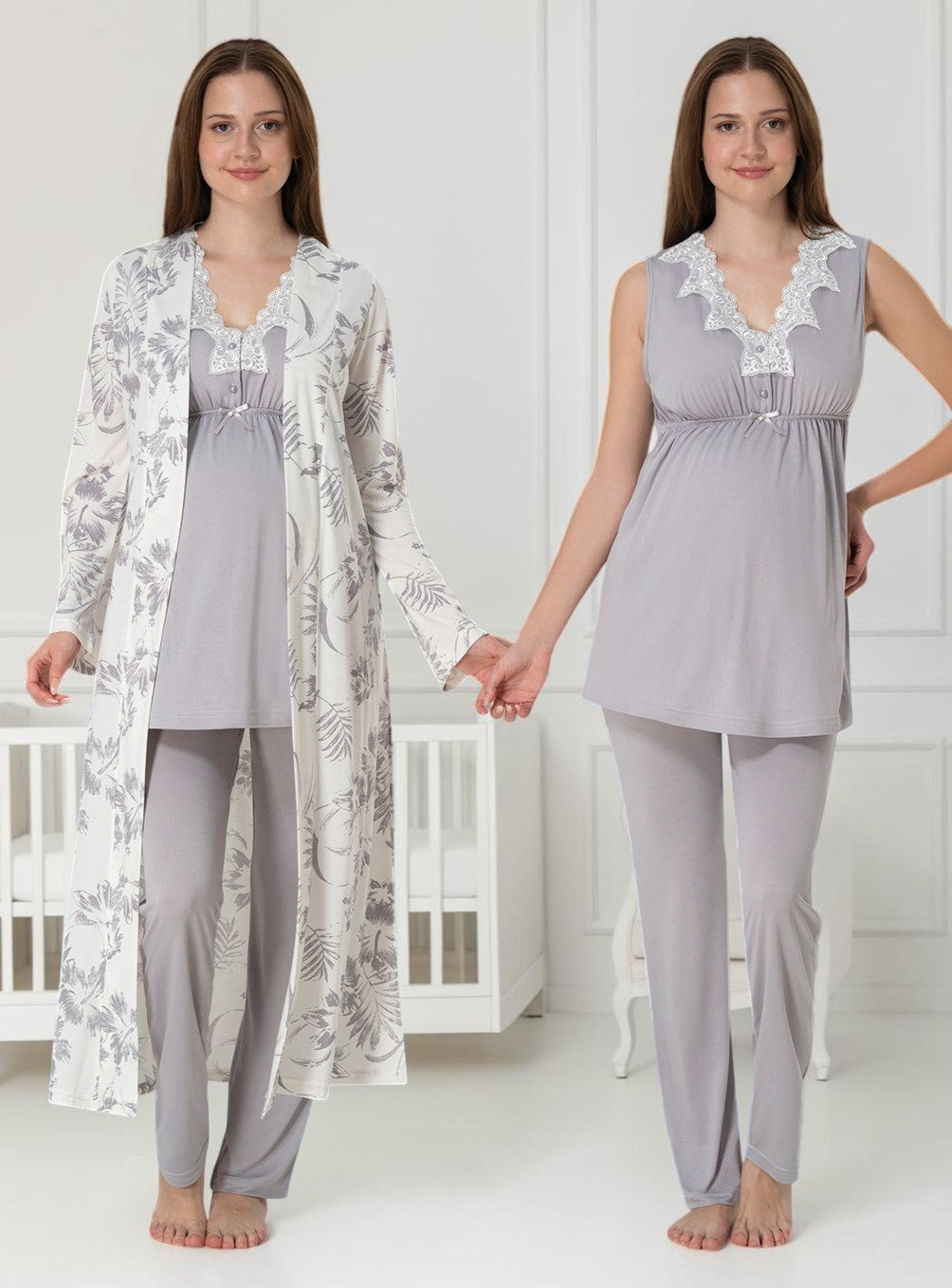Grey maternity pyjama & robe set by Mini Plum, sleeveless top floral robe – nursing & breastfeeding nightwear, postpartum, hospital bag ready