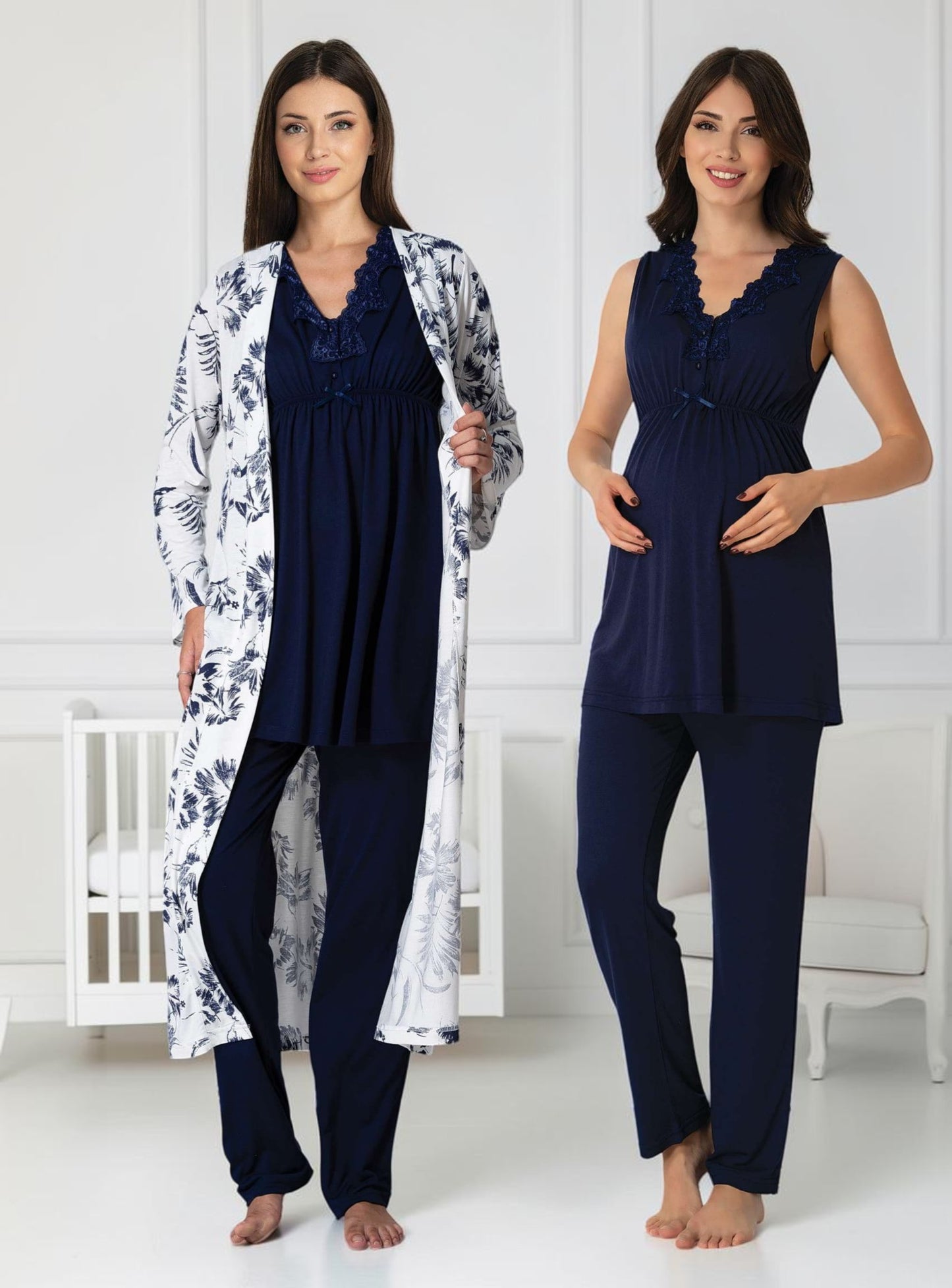 Navy maternity pyjama & robe set by Mini Plum, sleeveless top floral robe – nursing & breastfeeding nightwear, postpartum, hospital bag ready