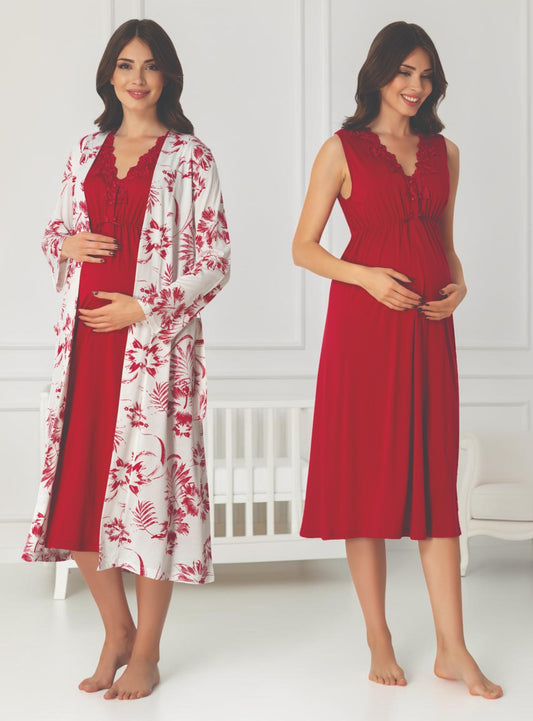 Cherry Red maternity nightie and robe set by Mini Plum, floral robe solid nightie – nursing & breastfeeding nightwear, postpartum, hospital bag ready