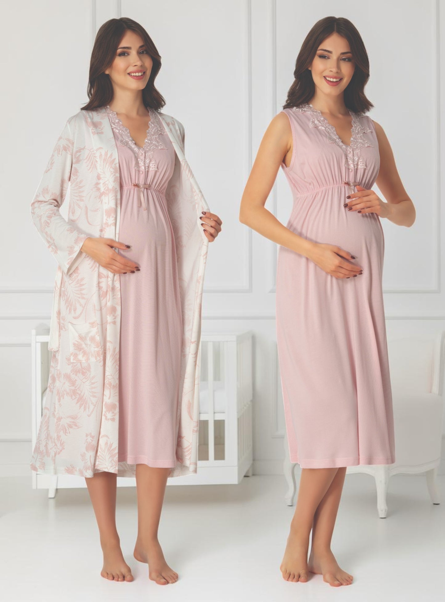 Light Pink maternity nightie and robe set by Mini Plum – nursing maternity nightwear, breastfeeding button-down, hospital bag & baby shower gift
