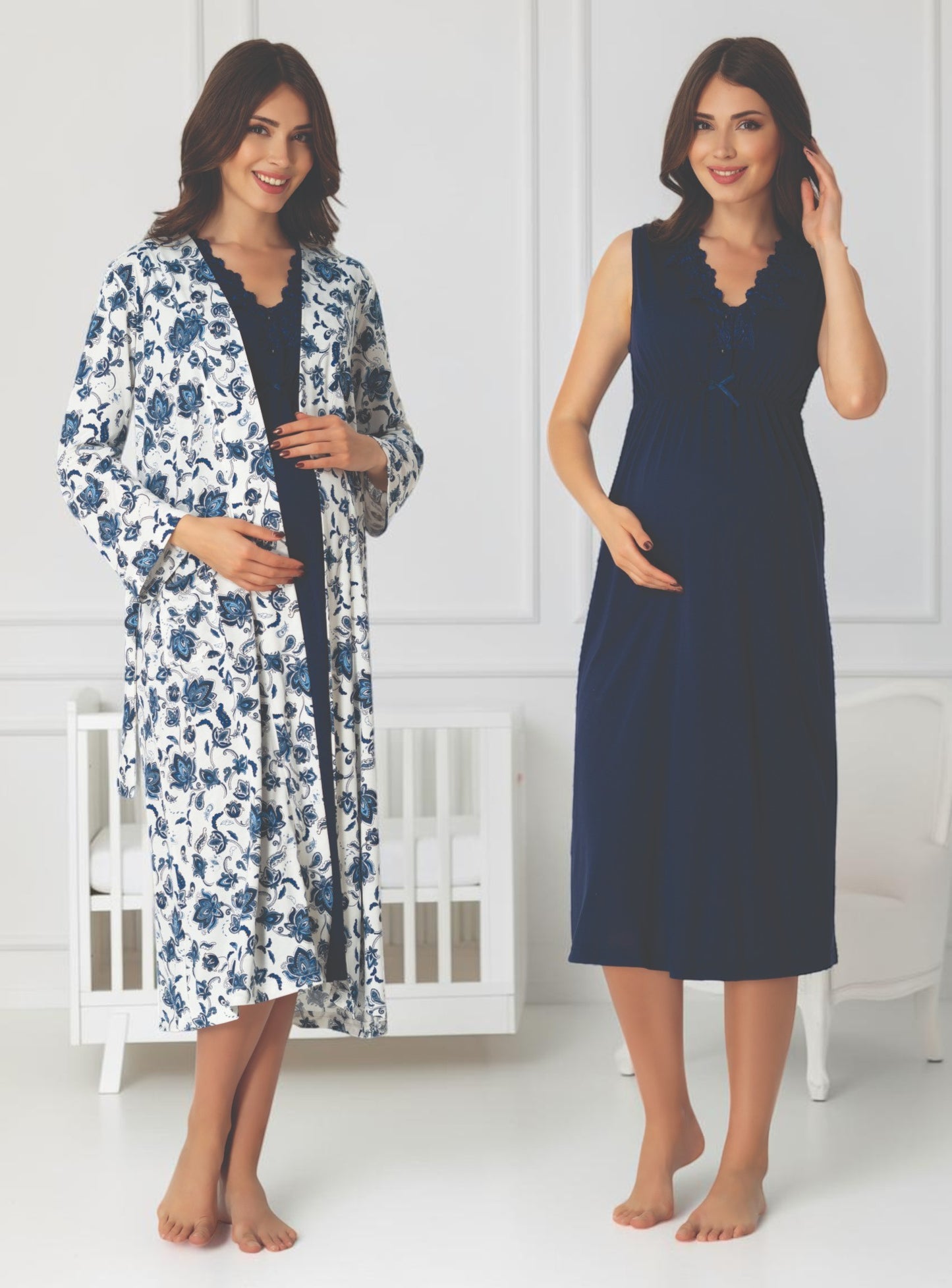 Navy maternity nightie and robe set by Mini Plum – nursing maternity nightwear, breastfeeding button-down, hospital bag & baby shower gift