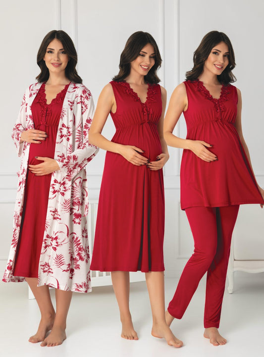 Cherry Red 4-piece maternity set by Mini Plum, floral robe 4-piece – nursing & breastfeeding nightwear, postpartum, hospital bag ready