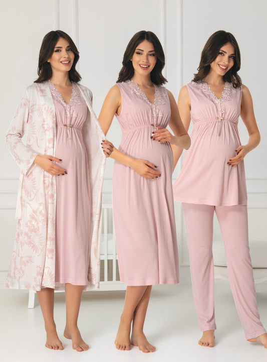 Light Pink 4-piece maternity set by Mini Plum, floral robe 4-piece – nursing & breastfeeding nightwear, postpartum, hospital bag ready